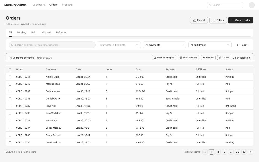 E-commerce admin dashboard · Order List · AI-generated wireframe prototype in popop-draw