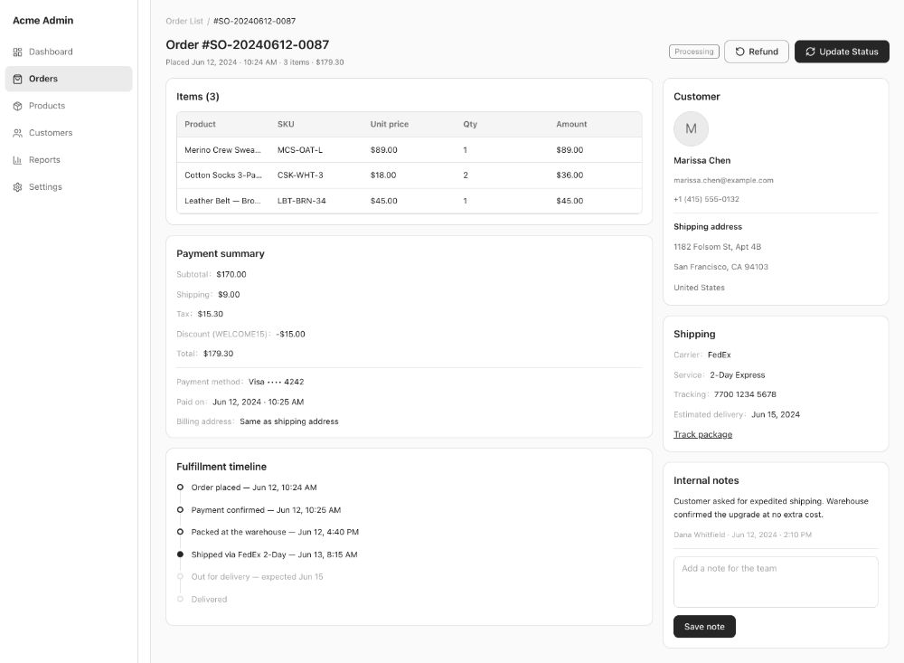E-commerce admin dashboard · Order Detail · AI-generated wireframe prototype in popop-draw