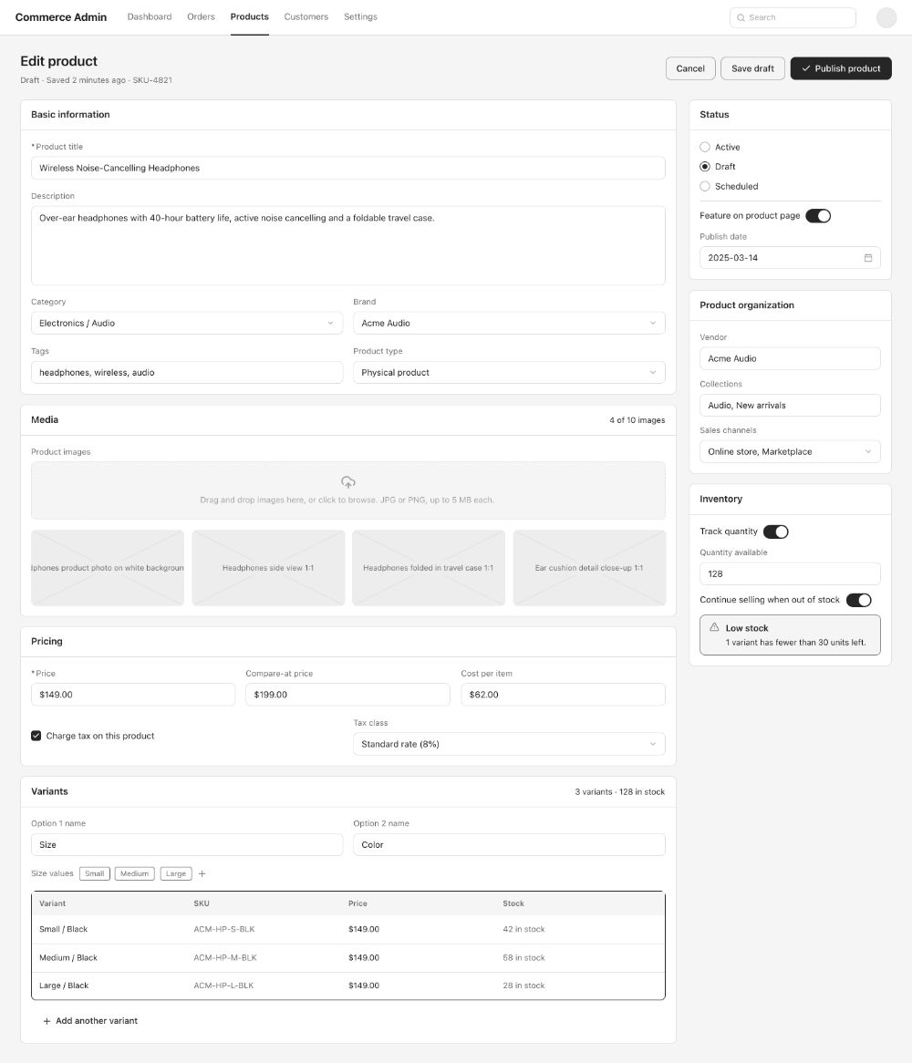 E-commerce admin dashboard · Product Editor · AI-generated wireframe prototype in popop-draw