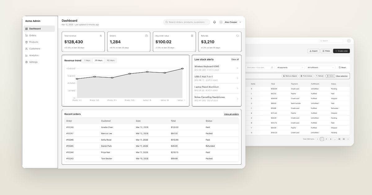E-commerce admin dashboard · AI-generated wireframe prototype in popop-draw