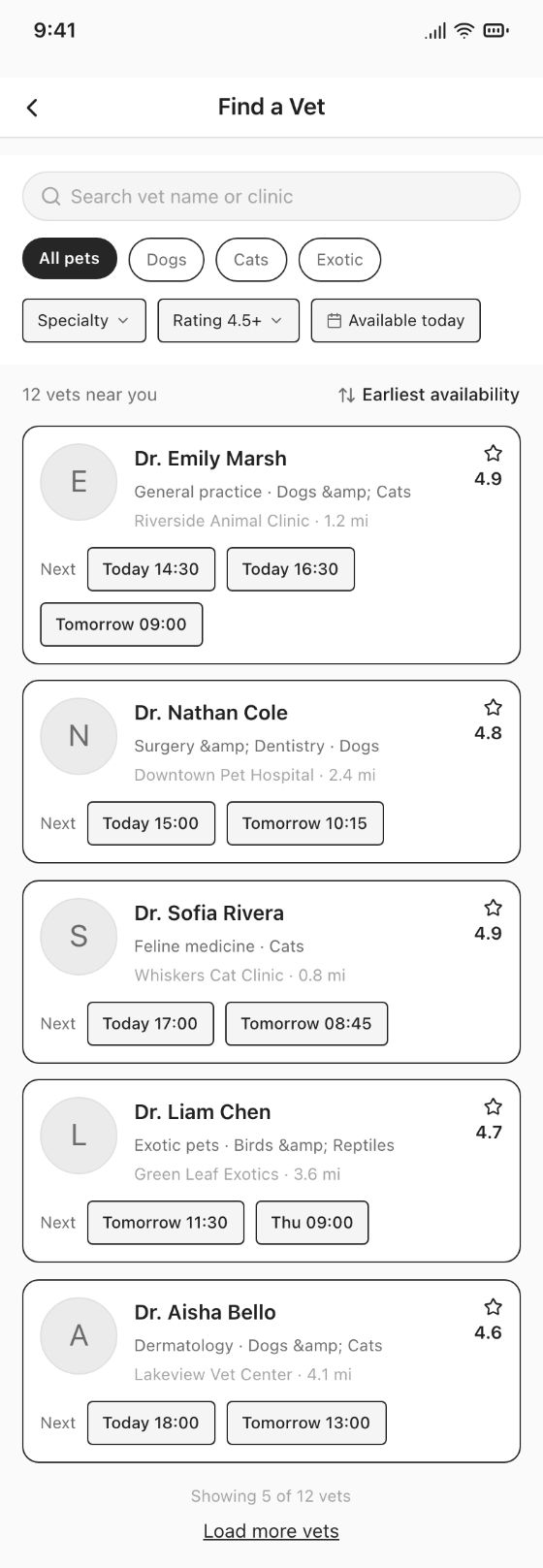 Booking app · Vets · AI-generated wireframe prototype in popop-draw