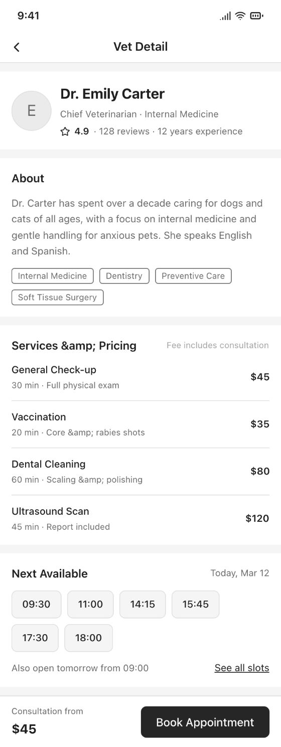 Booking app · Vet Detail · AI-generated wireframe prototype in popop-draw