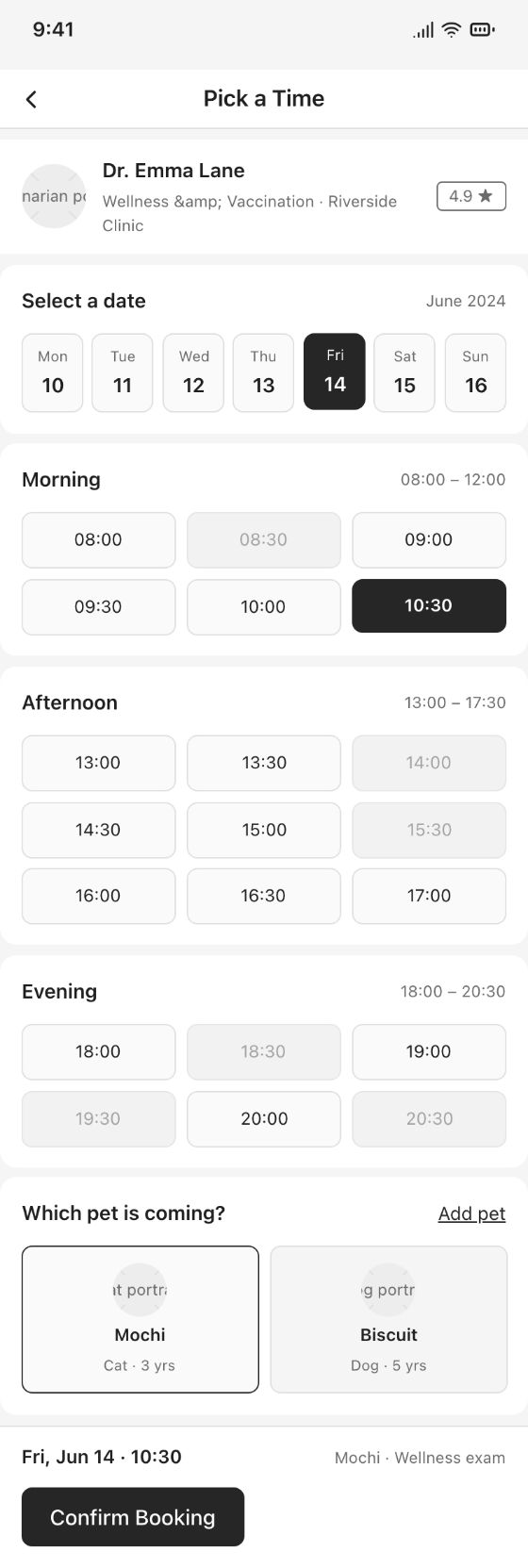 Booking app · Slots · AI-generated wireframe prototype in popop-draw