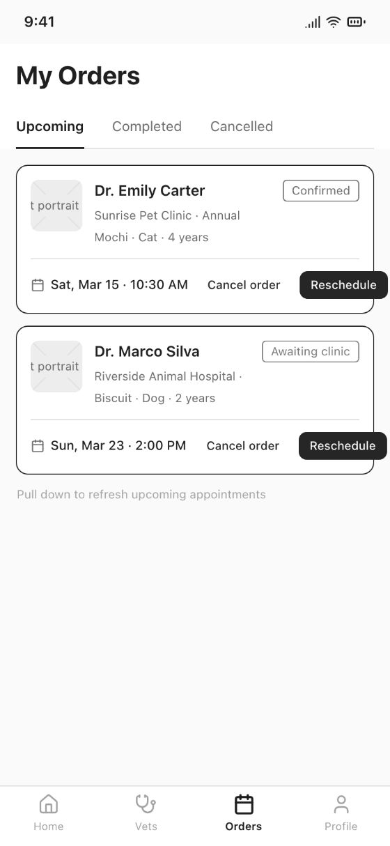 Booking app · My Orders · AI-generated wireframe prototype in popop-draw