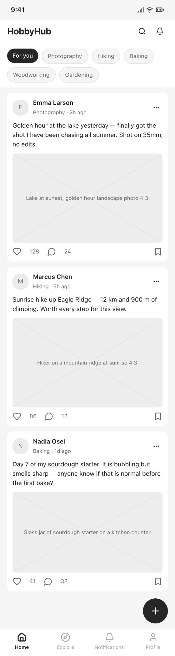 Community app · Feed · AI-generated wireframe prototype in popop-draw