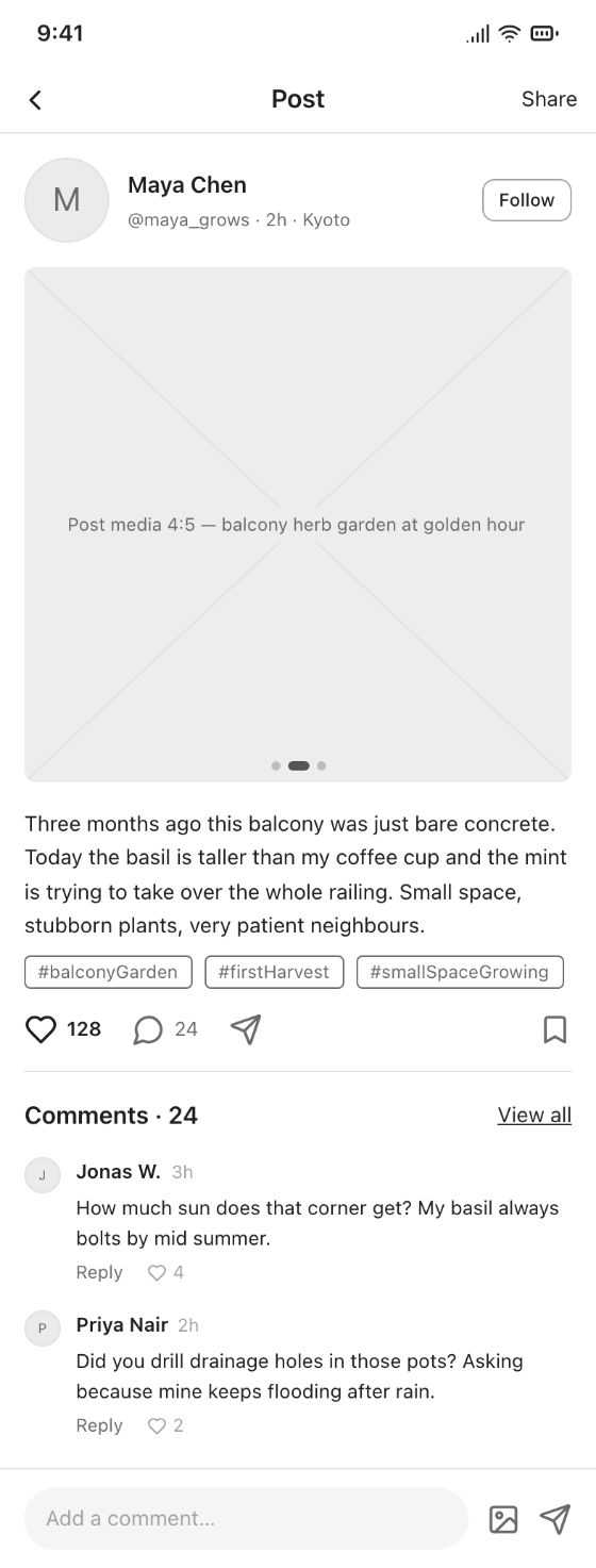 Community app · Post Detail · AI-generated wireframe prototype in popop-draw
