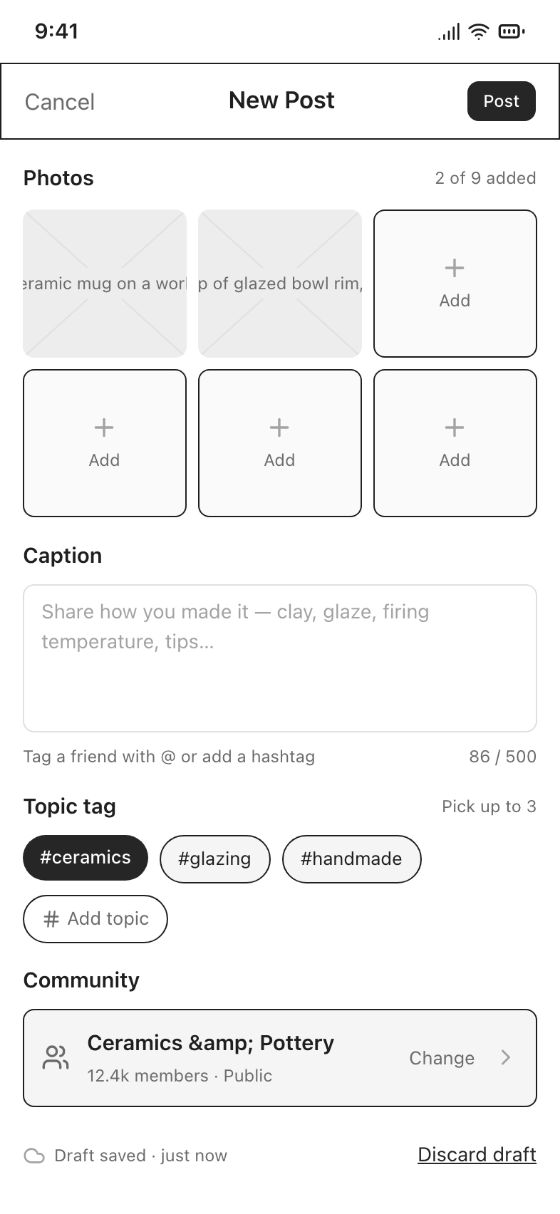 Community app · Compose Post · AI-generated wireframe prototype in popop-draw