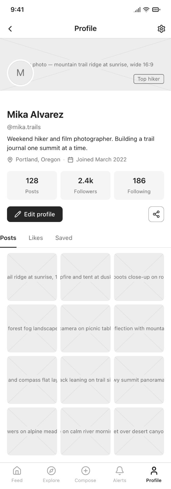 Community app · Profile · AI-generated wireframe prototype in popop-draw
