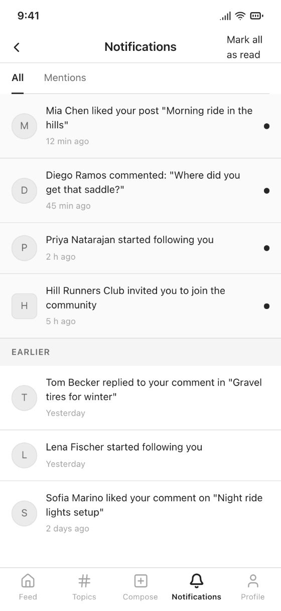 Community app · Notifications · AI-generated wireframe prototype in popop-draw