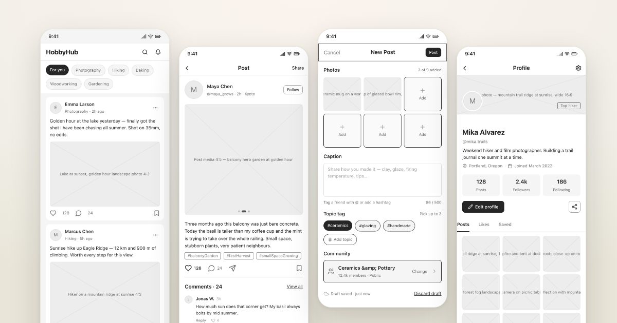 Community app · AI-generated wireframe prototype in popop-draw