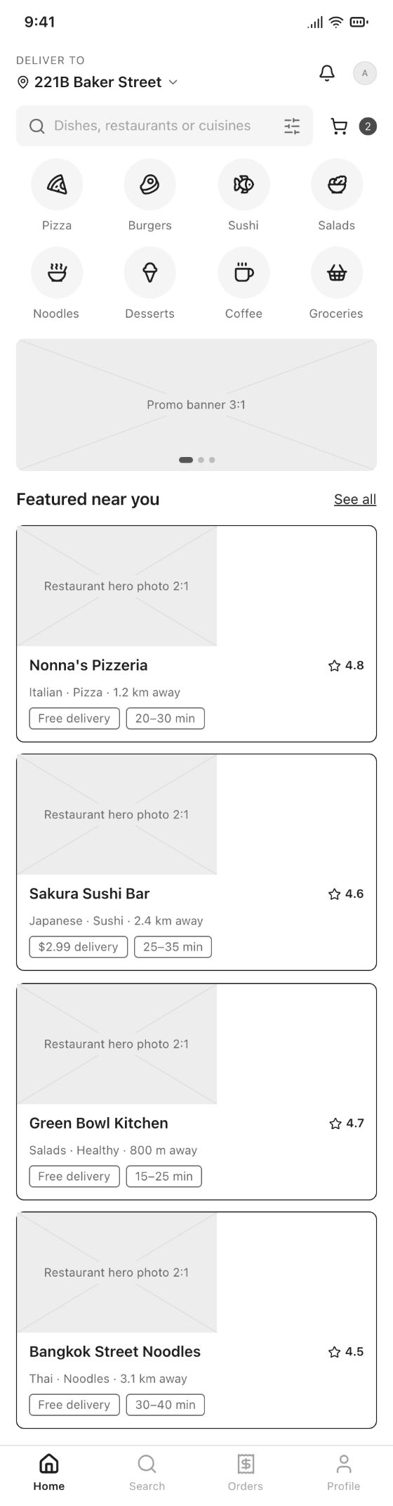 Food delivery app · Home · AI-generated wireframe prototype in popop-draw