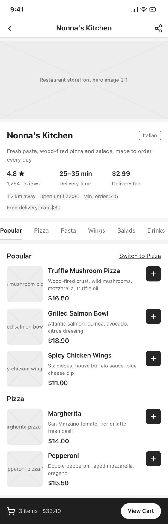 Food delivery app · Restaurant Detail · AI-generated wireframe prototype in popop-draw