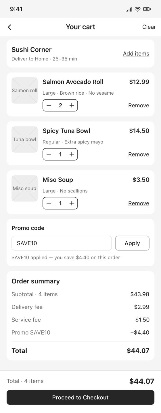 Food delivery app · Cart · AI-generated wireframe prototype in popop-draw