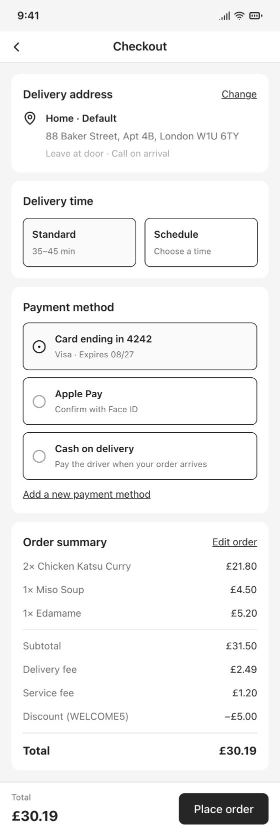 Food delivery app · Checkout · AI-generated wireframe prototype in popop-draw