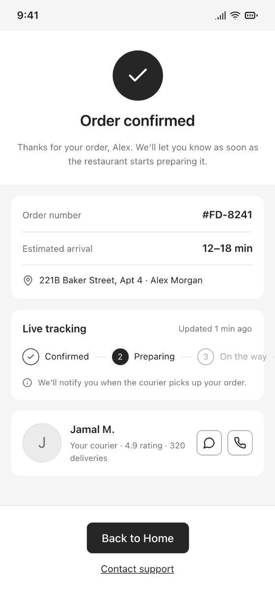 Food delivery app · Order Confirmed · AI-generated wireframe prototype in popop-draw