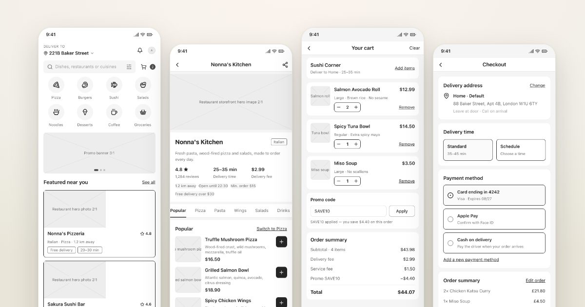 Food delivery app · AI-generated wireframe prototype in popop-draw