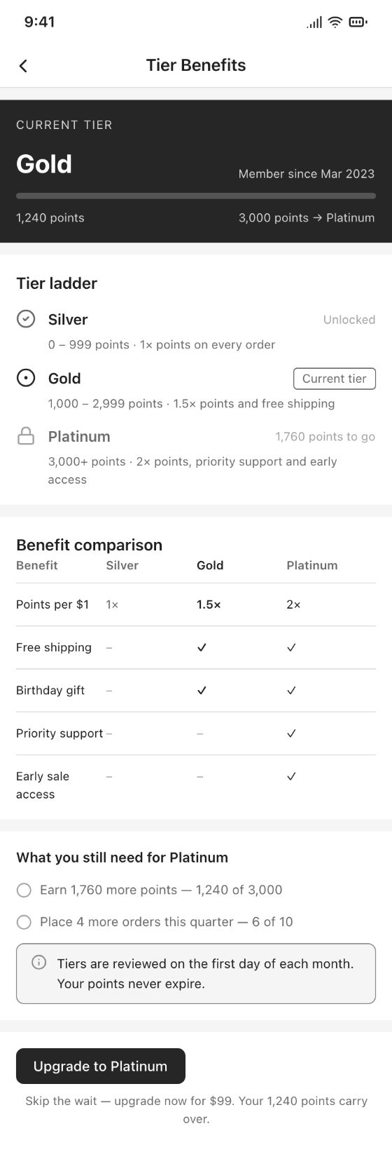 Membership center · Tier Benefits · AI-generated wireframe prototype in popop-draw