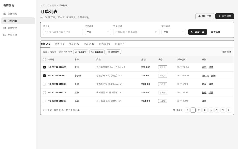 电商后台管理系统 · 订单列表 · 啪啪画 AI 生成的线框原型