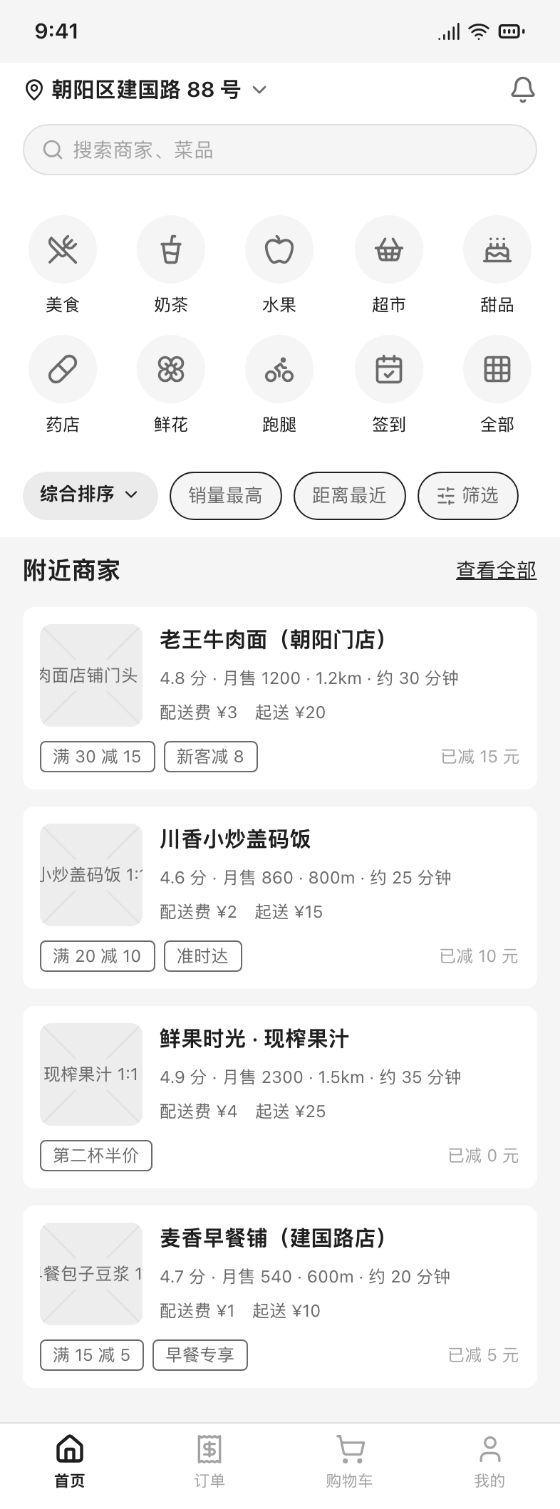 外卖 App  · 首页 · 啪啪画 AI 生成的线框原型