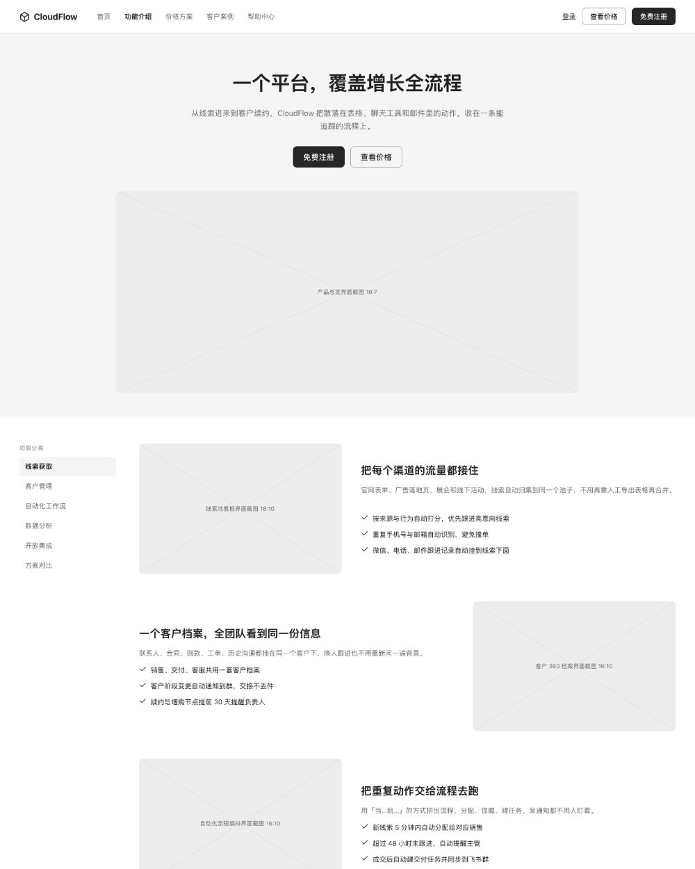 SaaS 官网 · 功能介绍 · 啪啪画 AI 生成的线框原型